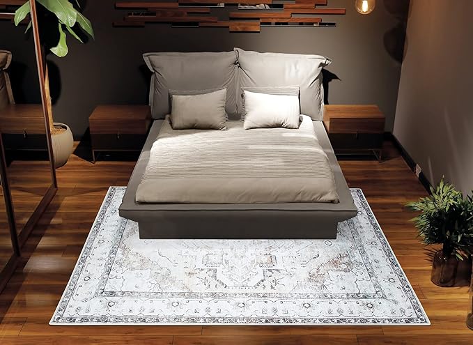 Bloom Rugs Washable Non-Slip 4' x 6' Rug - Brown/Beige/Charcoal Traditional Area Rug for Living Room, Bedroom, Dining Room, and Kitchen - Exact Size: 4' x 6'