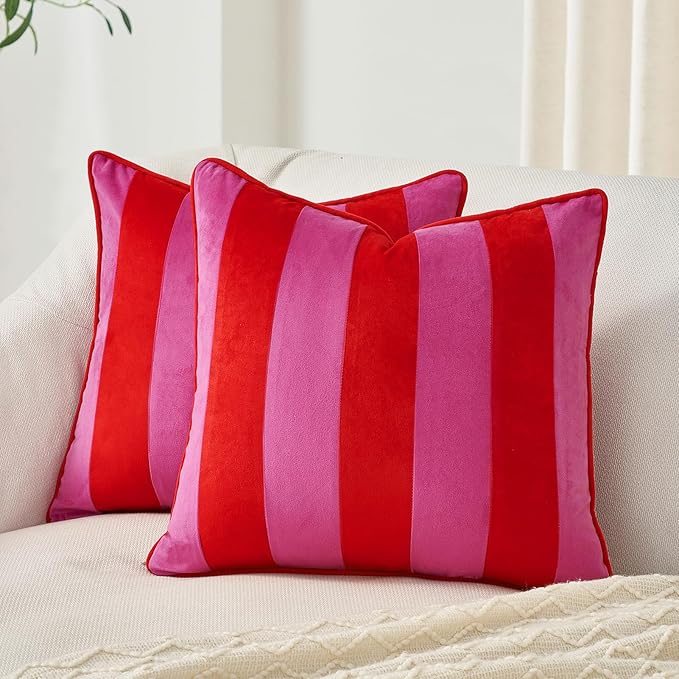 MONDAY MOOSE Decorative Throw Pillow Covers Cushion Cases, Set of 2 Soft Velvet Striped Piping Edge Designs, Pillow Inserts Not Included (Hot Pink/Red, 22x22 inch)