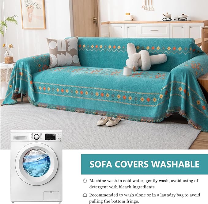 DREAMINGO Teal Boho Couch Cover Jacquard Chenille Sofa Covers Washable 3 Seater Sofa Protector for Pets Kids Modern Bohemain Sectional Couch Slipcovers for Living Room, 71"x134"