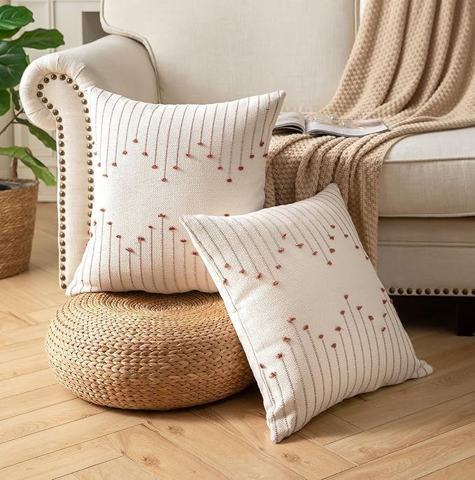 Caflife Boho Throw Pillow Covers 20x20 Set of 2 Decorative Pillows for Bed, Neutral Pillow Covers Beige with Rust Line Throw Pillows for Modern Farmhouse Couch Sofa Living Room Outdoor