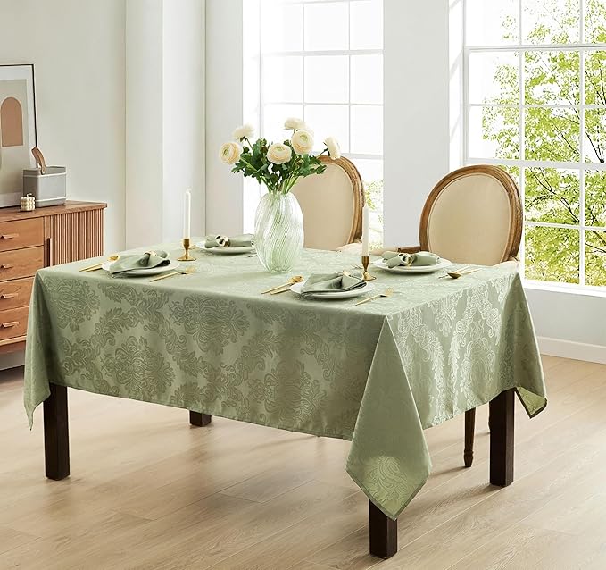 Newbridge Barcelona Damask Fabric Tablecloth, 52 x 52 Inch Square, Sage Green – No Iron, Soil Resistant Table Cover for Dining, Parties and Holidays