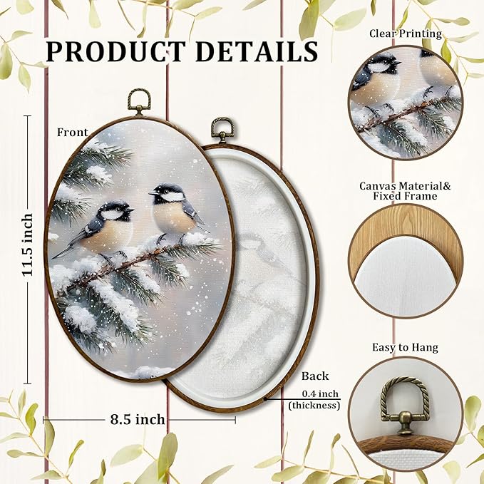 JQF Winter Chickadees Bird Oval Wall Decor, Rustic Farmhouse Oval Canvas Wall Art, Cottagecore Winter Christmas Bird Framed Prints Hanging Decor for Home Living Room Bedroom, 8.5x11.5 Inch