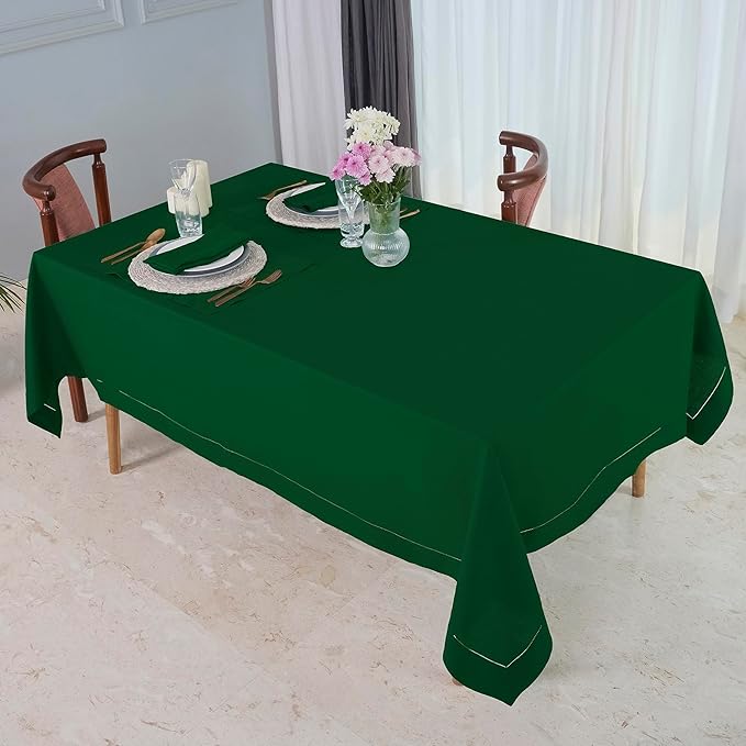 D'Moksha Homes Forest Green Linen Tablecloth for Rectangle Tables 60 x 84 Inch - Classic Hemstitch 100% Pure Linen Green Table Cloth - Machine Washable Dining Tablecloth for Thanksgiving, Christmas