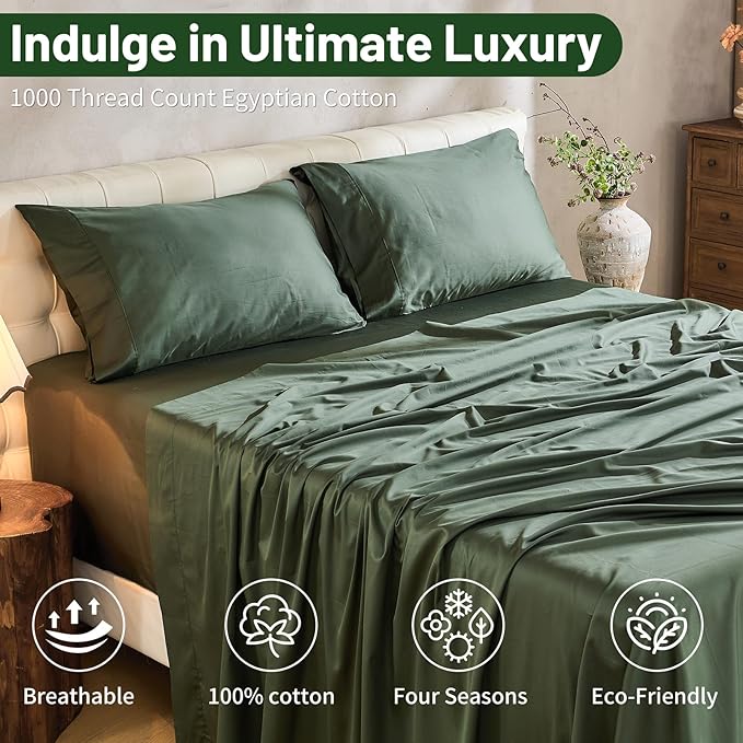 MEISHANG 1000 Thread Count Cotton Sheets Queen Size - 100% Egyptian Cotton, Sateen Weave, Soft & Breathable, Oeko-Tex Certified, 16" Deep Pockets - 4 Piece (Queen, Forest Green)