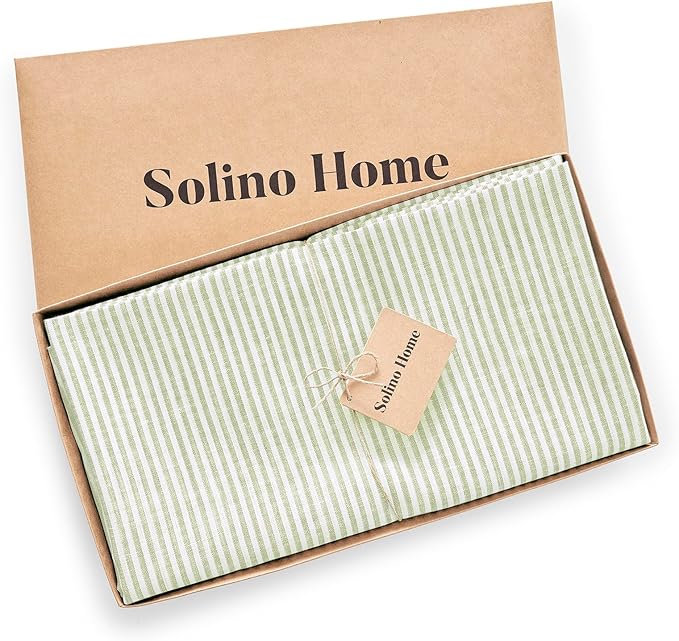 Solino Home Linen 60 Inch Round Tablecloth - Narrow Stripe, 100% Pure Linen Sage and White Round Tablecloth - Machine Washable Table Cloth for Fall, Autumn, Thanksgiving, Christmas, Winter