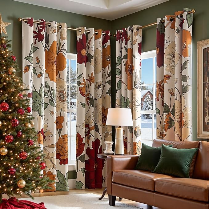 jinchan Lora Floral Curtains for Bedroom Living Room 95% Blackout Drapes Darkening Fabric Fall Decor Winter Vintage Flower Pattern Printed Window Curtains 84 Inch Length 4 Panels with Grommet Beige