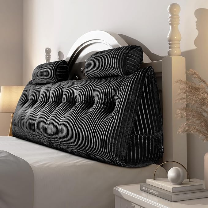 Z-hom Large Wedge Pillow Headboard, King Triangular Headboard Pillow, Reading Pillow Standard Bed with a Roll Pillow for Bed Sitting Up Sleeping, Backrest Cushion Headboard Gap Pillow for Back, Black