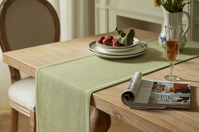 ZeeMart Burlap Style Farmhouse Table Runners 108 Inches Long, Sage Green Rustic Woven Dining Table Runner for Everyday Use, 14x108 Inches, Light Sage Green