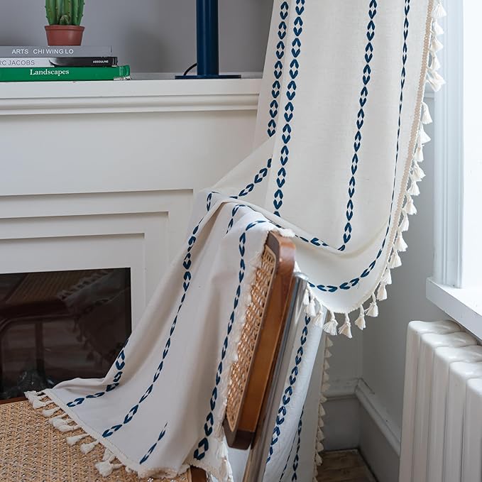 Sutuo Home Boho Curtains for Living Room Bedroom, Semi Blackout Farmhouse Vintage Tassels Window Treatment Bohemian Embroidery Drape, Rod Pocket 1 Panel 52" W x 96" L, White and Navy Blue