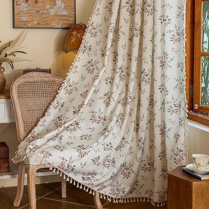 OYX Pink Boho Floral Window Curtains 63 Inch Long 2 Panels, French Vintage Farmhouse Vintage Country Rustic Tassels Printed Drapes for Living Room Bedroom, Rod Pocket Light Filtering Decor Aesthetic