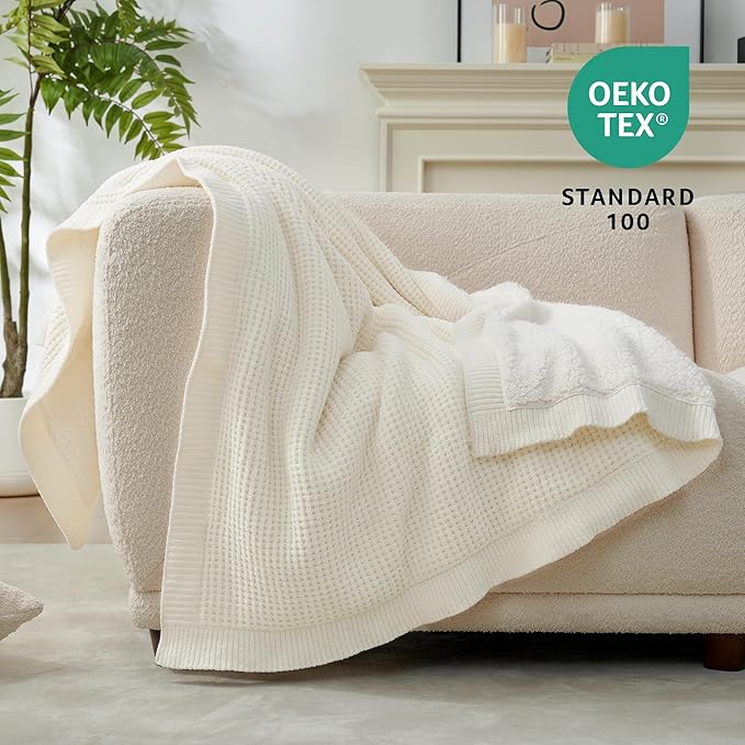 Amélie Home Reversible Waffle Weave Throw Blanket, Chenille Knit with Warm Sherpa, Soft Cozy Blanket for Bed, 60"x80", Ivory