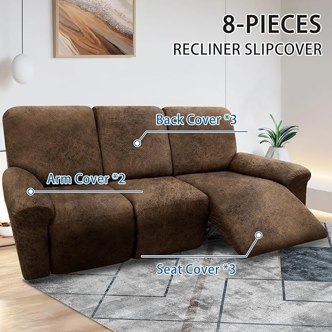 Couch Cover 8-Pieces Sofa Covers Washable Recliner Sofa Covers 3 Seater Leather Look Recliner Slipcovers with Pockets Spandex Fabric Furniture Covers(Recliner Sofa, Brown)
