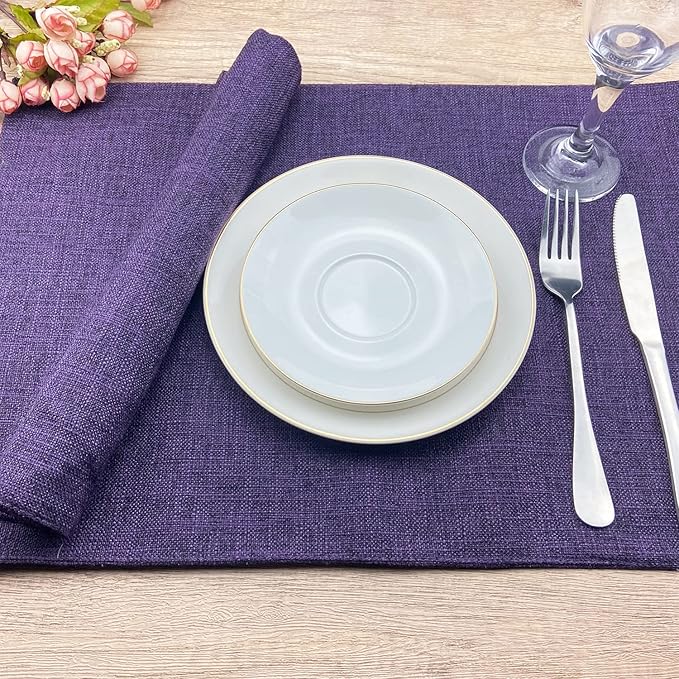 Weabetfu Cloth Placemats Set of 6 Heat Resistant Dining Table Placemmats Cotton Linen Machine Washable Kitchen Table Mats Wrinkle Free Thick Fabric Place Mat,Easy to Clean,13"x19" Purple