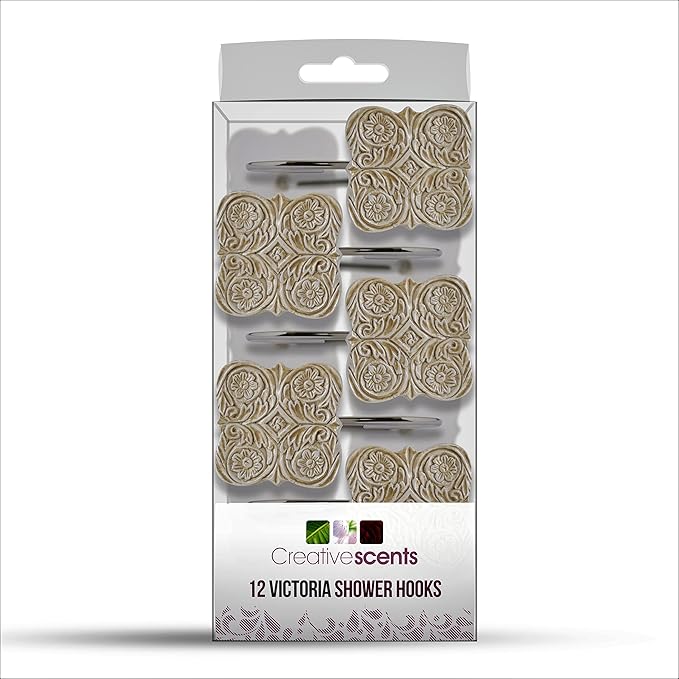 Creative Scents Shower Curtain Hooks Set of 12 Shower Set Rings 100% Rust Free -for Bathroom Shower Curtain Rod Victoria Collection (Beige)