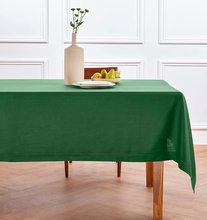 Solino Home Linen Tablecloth 60 x 120 Inch - 100% Pure Linen Pine Green Table Cloth for Rectangle Tables - Fete, Machine Washable Tablecloth for Fall, Autumn, Thanksgiving, Christmas