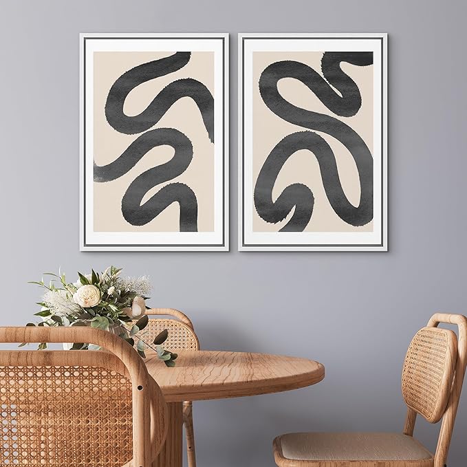 SIGNWIN Framed Wall Art Print Set Black Squiggly Lines Over Tan Background Abstract Swirly Digital Art Modern Art Mid-Century Modern Expressive for Living Room, Bedroom, Office - 24"x36"x2 White
