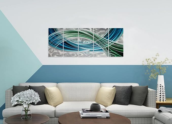 Yihui Arts Abstract Metal Wall Art - Hand Crafted 5 Pieces Panels Large Big Blue Teal Silver Unique 3D Aluminum Modern Contemporary Home Accent