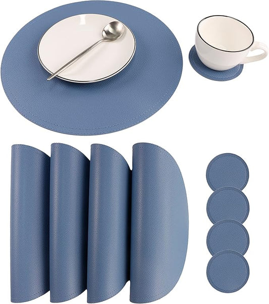 Jovono Set of 6 Faux Leather Round Placemats and Coasters, Coffee Mats Kitchen Table Mats, Waterproof, Easy to Clean for Kitchen Dining Round Table