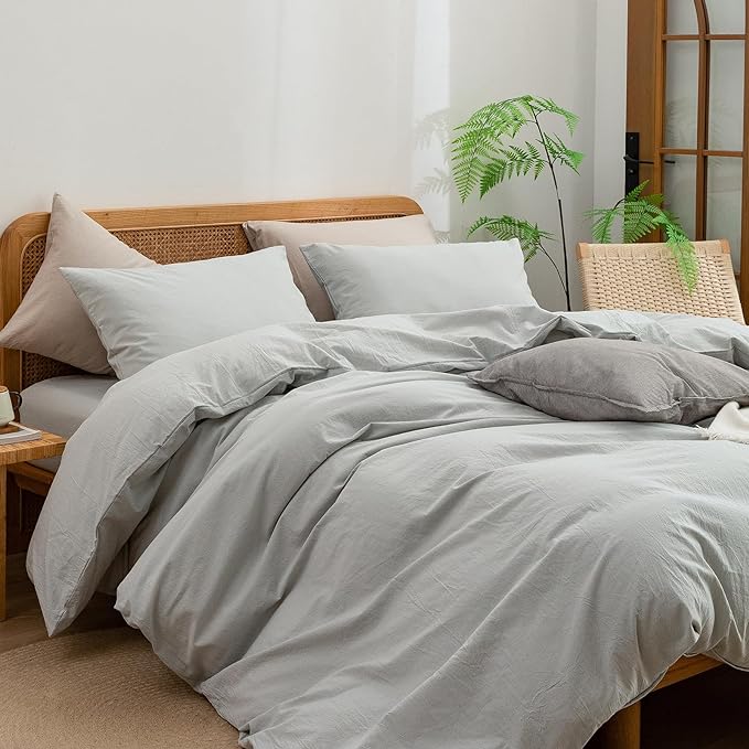 BESTOUCH Duvet Cover Set 100% Washed Cotton Linen Feel Super Soft Comfortable Chic Lightweight 3 PCs Home Bedding Set Solid Northern Droplet Grey Cal King
