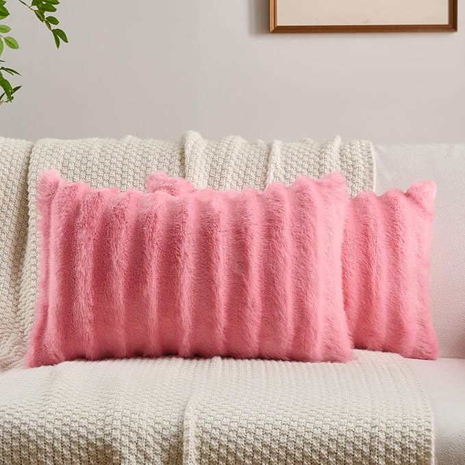 FUTEI Hot Pink Decorative Throw Pillow Covers 12x20 Inch Set of 2,Soft Fluffy Faux Rabbit Fur Dyeing Striped Textured Lumbar Pillow Case,Modern Home Decor for Couch Bed Living Room
