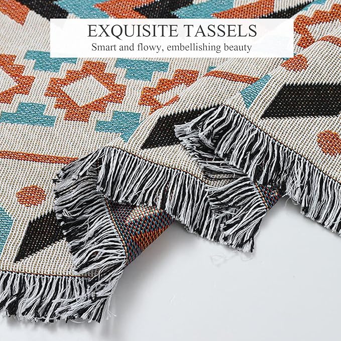 Double-Sided Cotton Woven Throw Blanket with Tassel Jungle Bohemian Style Tapestry Shawl Multi-Function Decorative Throws for Sofa Bed Armchair Camping Blanket Tablecloth Carpet 160x130cm