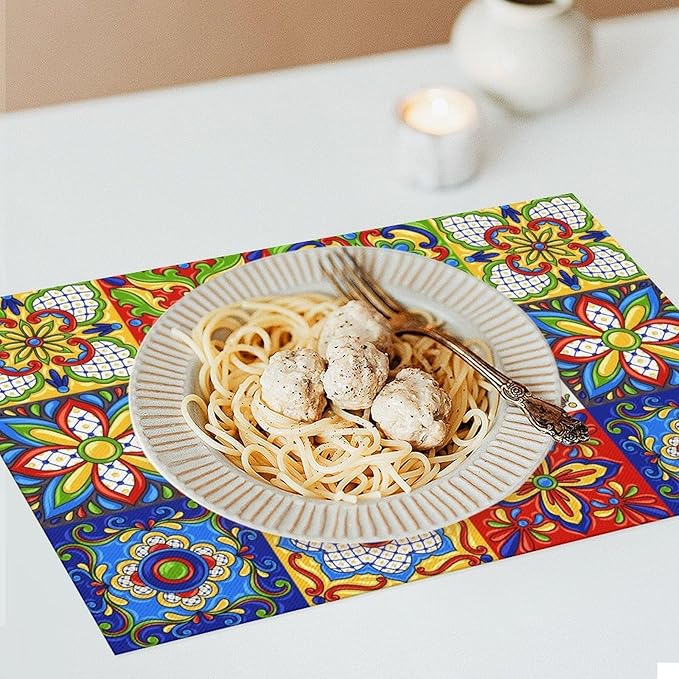 Mexican Placemat Set of 4, 12x18 Inch Rustic Colorful Talavera Ceramic Mexico Tiles Dia De Los Muertos Coffee Vintage Table Mats for Outdoor Kitchen Dining Table Decoration