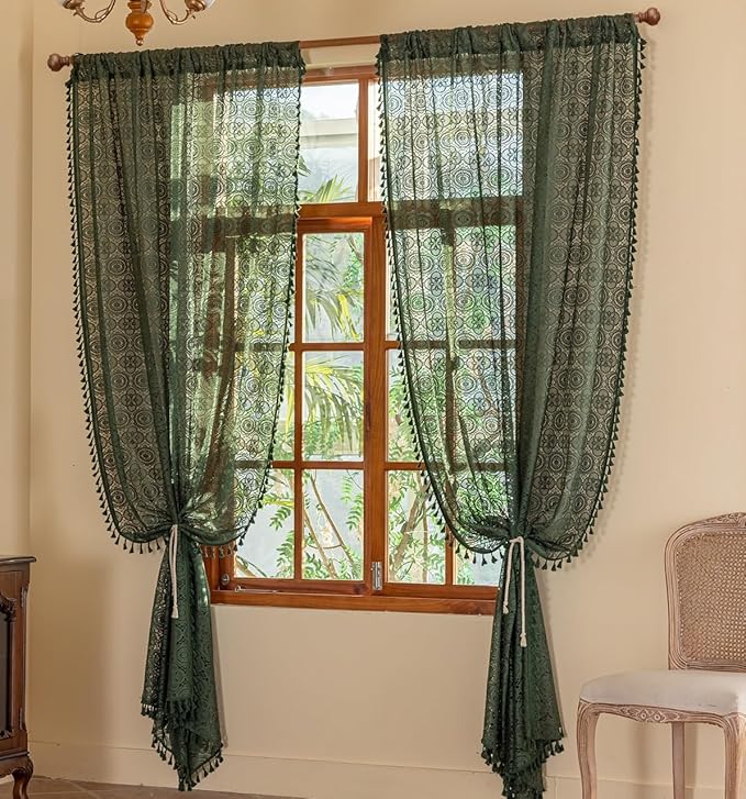 Green Boho Lace Curtains 108 inches Long 2 Panel Sets Retro Crochet Sheer Curtains for Living Room Bedroom Light Filtering Tassels High Ceiling Window Treatment Drapes 59" W x 108" L Emerald Green