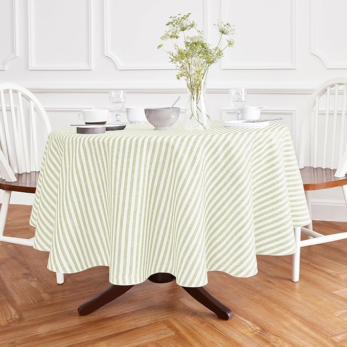 Solino Home Linen Round Tablecloth 70 Inch - Amalfi Stripe, 100% Pure Linen Sage and White Round Tablecloth - Machine Washable Table Cloth for Fall, Autumn, Thanksgiving, Christmas, Winter