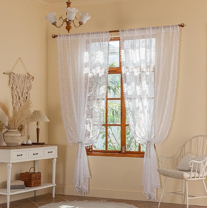 YJ YANJUN White Tassel Curtains 96 Inches Long 2 Panels Victorian Lace Curtains with Tassel Vintage Floral Sheer Drapes Rod Pocket Shabby Chic Cottage Curtains for Bedroom Living Room 8FT 59W x 96L