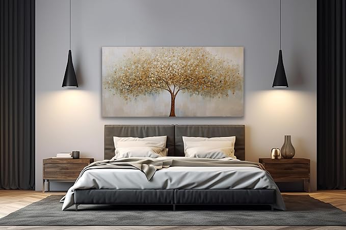 VHMING Wall Art Abstract Gold Tree of Life Modern Artwork Canvas Painting Textured Tree Pictures Wall Decor for Living Room Bedroom Dining Room Home Office Decor 24"x48" Ready to Hang
