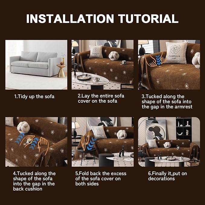 ROOMLIFE Boho Couch Covers Brown for 3 Cushion Sofa, Chenille Couch Cover Sectional Sofa Cover for Dog, Washable Furniture Sofa Protector Cover Soft Blanket with Tassel for Living Room, 71 '' X 134''