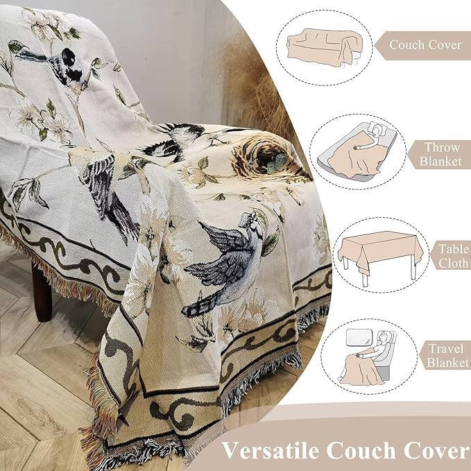 VClife Boho Beige Floral Birds Couch Cover Soft Thick Cotton Linen Farmhouse Sofa Cover for 3 Cushion Couch Sofa, Breathable Non-Slip Sectional Sofa Protector 1 PC Futon L Shpe Slipcover with Tassels