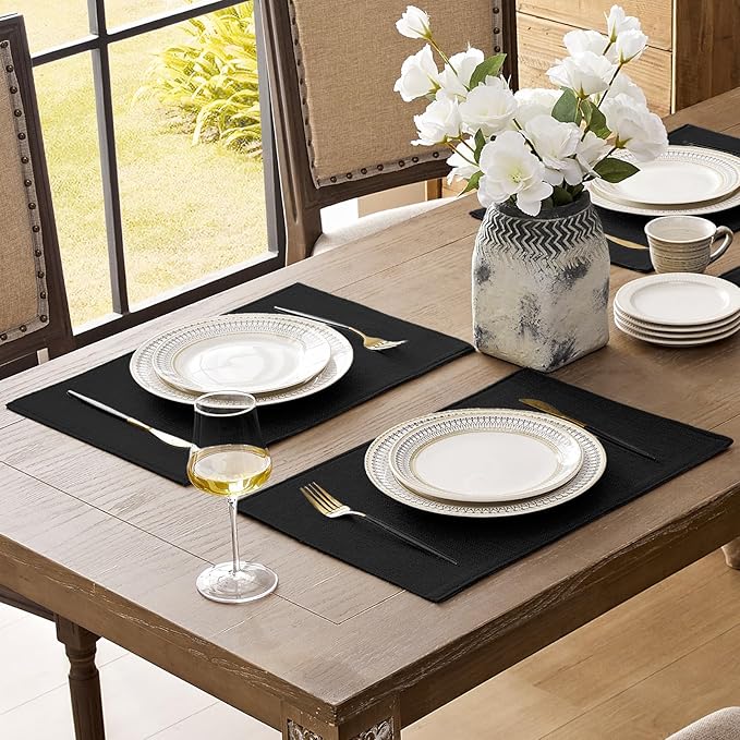 Romanstile Cloth Placemats Set of 8-12 x 18 Inch, Heat Resistant Double Layered Thickened Burlap Place Mats, Washable Faux Linen Farmhouse Table Mats for Kitchen/Dining/Party/Outdoor, Black