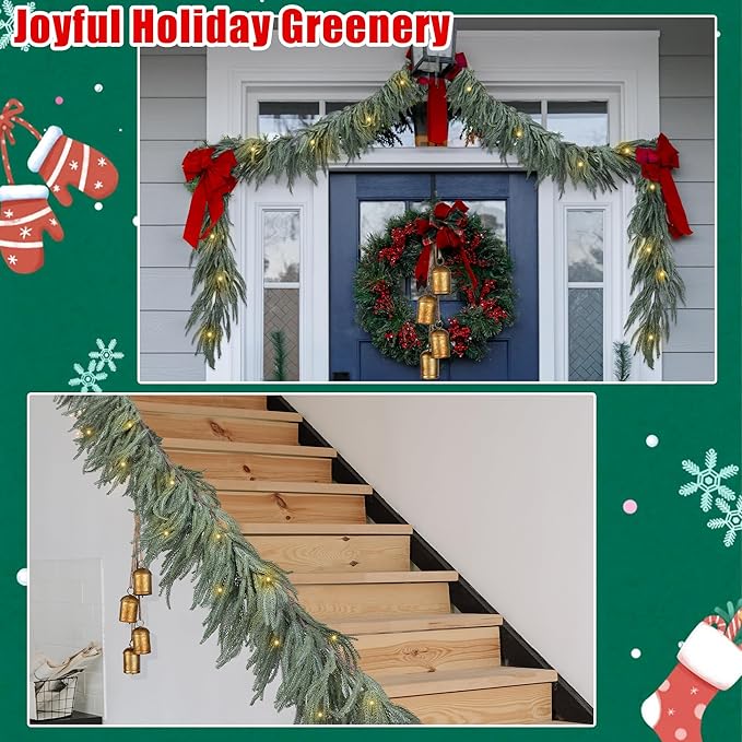 Fovths 1 Pack 6 Feet Christmas Norfolk Garlands Set Artificial Faux Greenery Garland 4 Cow Bell with Jute Hanging Rope Light String Winter Pine Garland for Xmas Indoor Holiday Decor, Green+White