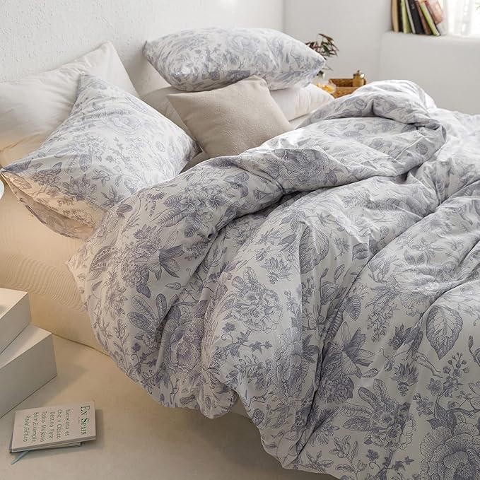 ECOCOTT Vintage Flower Duvet Cover Set, 100% Cotton Floral Pattern Duvet Cover Queen Size - Breathable Durable Soft Comfy Quilt Cover Queen Size