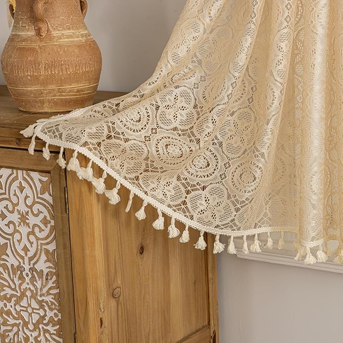 YJ YANJUN Boho Cafe Curtains 24 inch Length 2 Panels,Each 59" W x 24" L, Beige Crochet Kitchen Window Curtains Over Sink Farmhouse Mini Tier Curtain Panels for Laundry Room Basement Bathroom RV