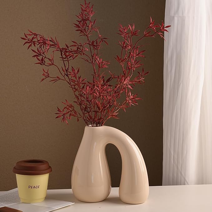 Cream White Ceramic Decorative Pitcher Vase, 7.5 in – Glossy Sculptural Arch-Handle, Modern Home Décor Accent for Fresh or Dried Floral Arrangements, Table/Shelf/Entryway, Giftable