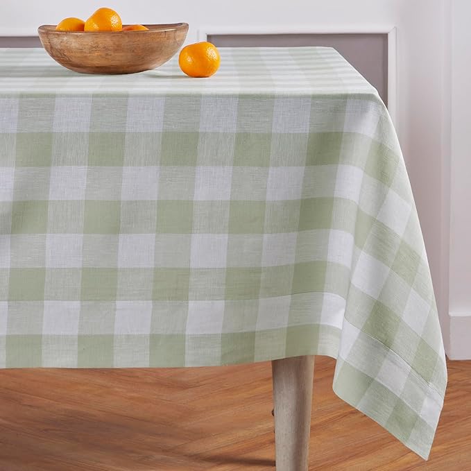 Solino Home Linen Checkered Tablecloth 60 x 90 Inch - 100% Pure Linen Sage and White Buffalo Plaid Table Cloth for Rectangle Tables - Machine Washable Tablecloth for Fall, Autumn, Thanksgiving, Winter