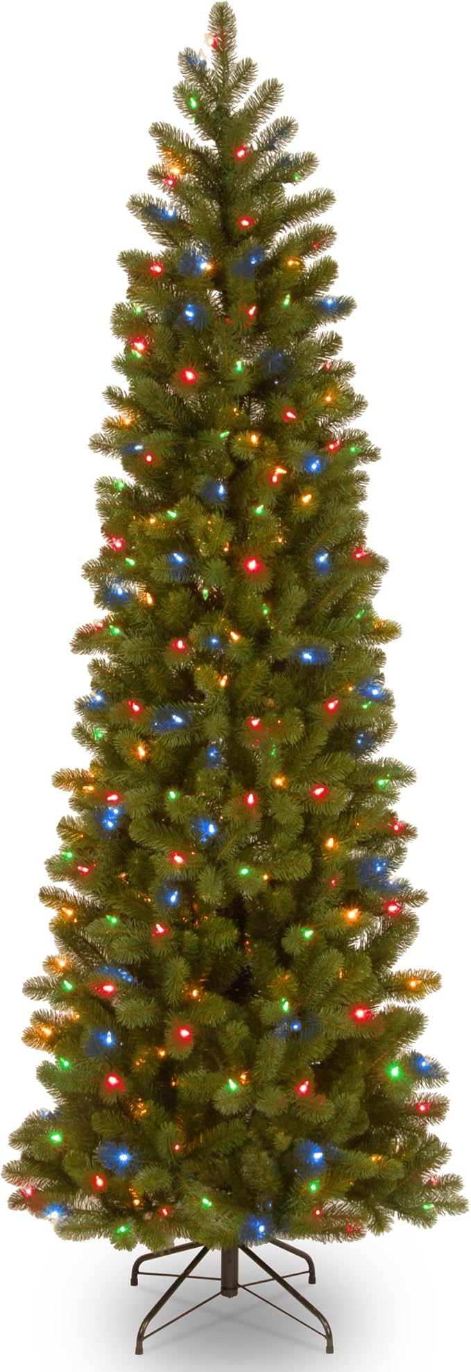 National Tree Company 7.5 ft Pre-Lit Downswept Douglas Fir Slim Artificial Christmas Tree, 350 LED Lights, 796 Tips, Foot Pedal, 10 Light Functions, Includes Stand, Green