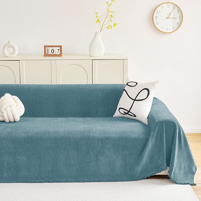 hyha Couch Cover for Dogs, Boho Sofa Covers for 3 Cushion Couch Washable, Chenille Sofa Slipcover for Pets, Soft Loveseat Sectional Couch Throw Blankets with Tassels (Blue, 88.5x118 Inch)