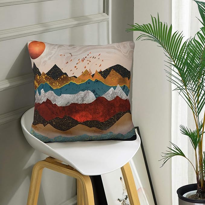 Throw Pillow Covers Golden Mountains Pillow Covers 18x18 Inch Set of 2 Colorful Mountains Throw Pillows Decorative Pillow Cases Cushion Covers for Bedroom Livingroom Sofa Farm House