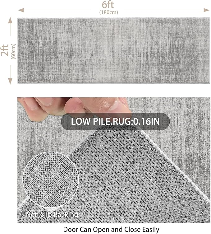 Enkor Runner Rugs for Hallway, 2x6 Washable Soft Non Slip Abstract Rugs for Kitchen, Modern Mat for Entryway Living Room Bedroom Light Grey