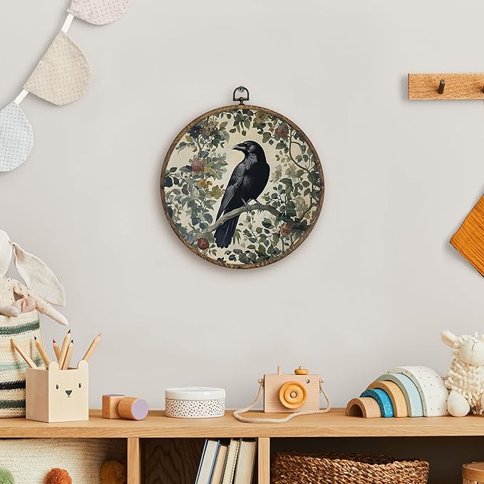 KFXHANGD Gothic Black Raven Crow Round Wall Art Framed, Vintage Dark Academia Raven Botanical Canvas Wall Art Decor, Moody Crow Hanging Decor for Bedroom Living Room, 10x10inch