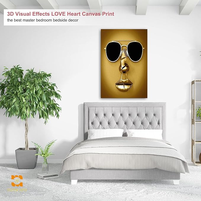 3D Metal Effect Wall Art - 3D Wall Art Decor Artwork Wear Sunglasses Golden Figure Statue Modern Art Canvas Painting, Large Wall Art for Bedroom Dercorations Framed 32”x48”x1Pcs