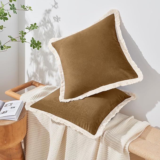 MONDAY MOOSE Decorative Throw Pillow Covers Cushion Cases, Set of 2 Soft Velvet Modern Fringe Tassel Designs, Mix and Match for Home Decor, Pillow Inserts Not Included (Caramel, 18x18 inch)
