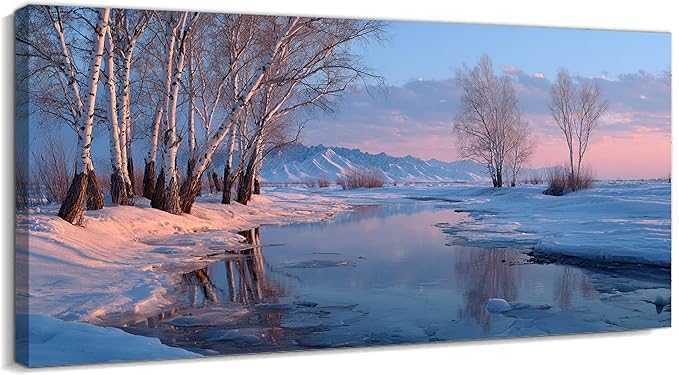 GUTTATY Christmas Winter Birch Canvas Wall Art, Snowy River Landscape Canvas Painting, Tranquil Winter Nature Scene Pictures Prints for Living Room, Bedroom, Holiday Hanging Artwork, 32x16 Inch