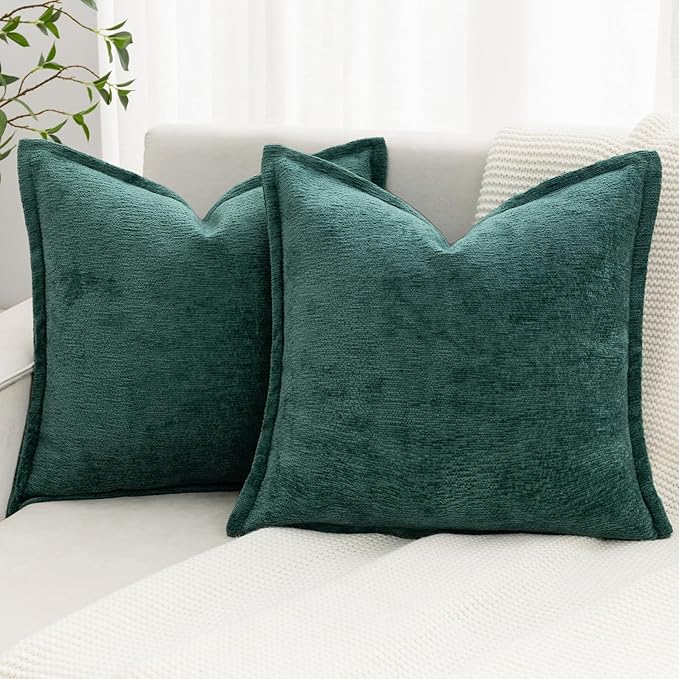 Green Decorative Throw Pillow Covers 20x20 Inch Set of 2 Cozy Soild Chenille Cushion Cases Soft Textured Square Couch Pillows Cover Boho Accent Farmhouse Pillowcases for Sofa Bed