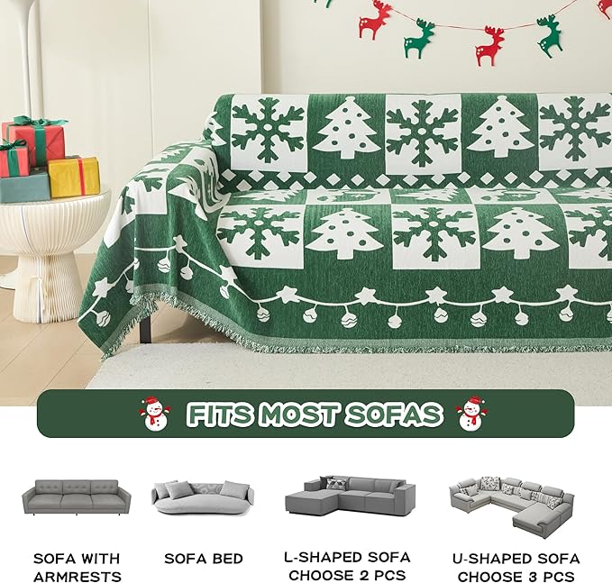 MEETSKY Christmas Green Couch Cover for Sectional Sofa, Chenille Loveseat Sofa Covers Washable for Pet Friendly Snowflake Christmas Tree Decorative Couch Covers, 71" x 118"