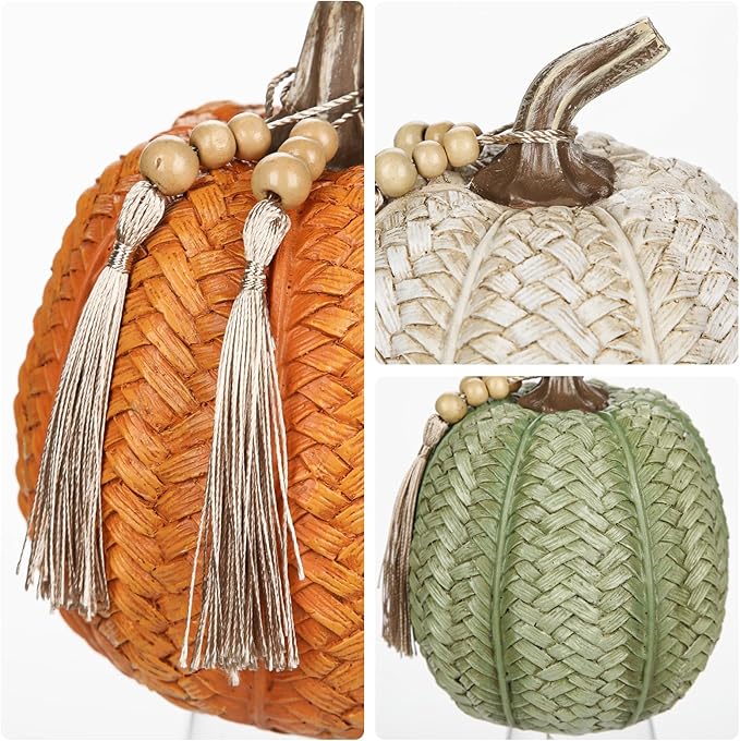 Hollyone Pumpkins Fall Decoration, 3 Pack Woven Resin Pumpkins Decorative Autumn Fake Pumpkin for Home Thanksgiving Harvest Halloween Wedding Table Centerpiece Shelf Indoor Outdoor Porch Decor