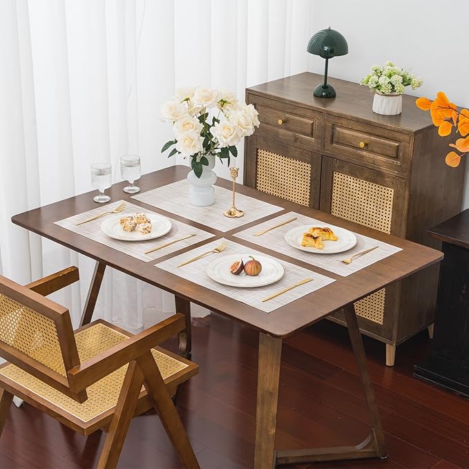 BACKTOEDEN Placemats Set of 8 Heat Resistant Washable Wipeable Placemat Woven Non-Slip Foldable Vinyl/Plastic Place Mats Indoor/Outdoor Mat Kitchen Dining Table Pad, Beige